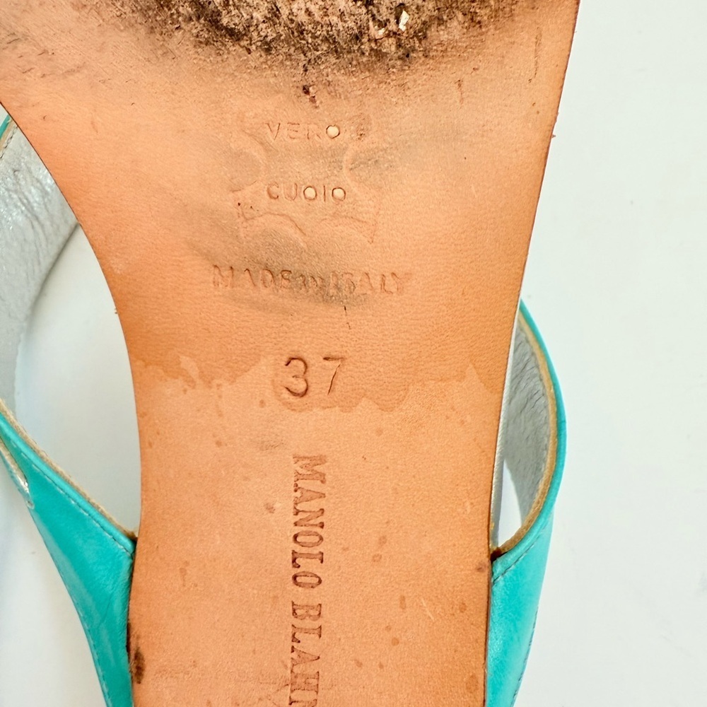 Manolo Blahnik Turquoise Rhinestone-Embellished Thong Heels - Picture 9 of 10